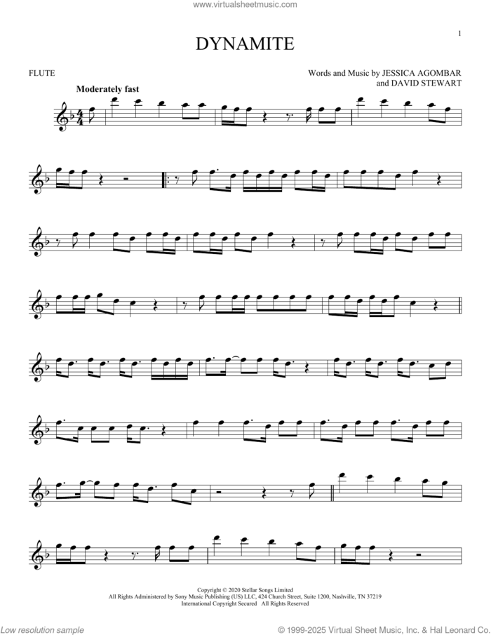 Dynamite sheet music for flute solo by BTS, Dave Stewart and Jessica Agombar, intermediate skill level