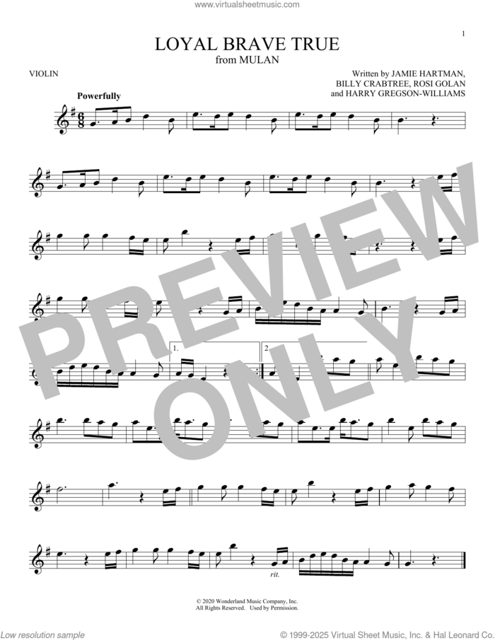 Loyal Brave True (from Mulan) sheet music for violin solo by Christina Aguilera, Billy Crabtree, Harry Gregson-Williams, Jamie Hartman and Rosi Golan, intermediate skill level