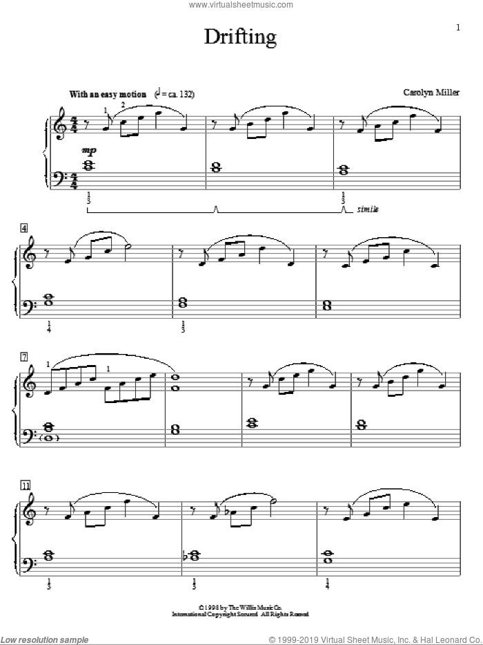 Drifting sheet music for piano solo (elementary) by Carolyn Miller, beginner piano (elementary)