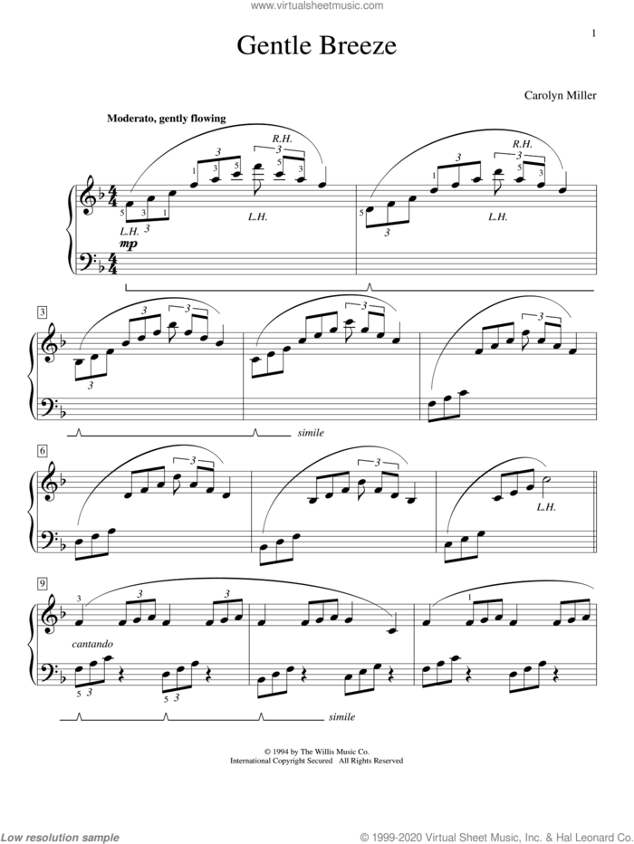 Gentle Breeze sheet music for piano solo (elementary) by Carolyn Miller, beginner piano (elementary)
