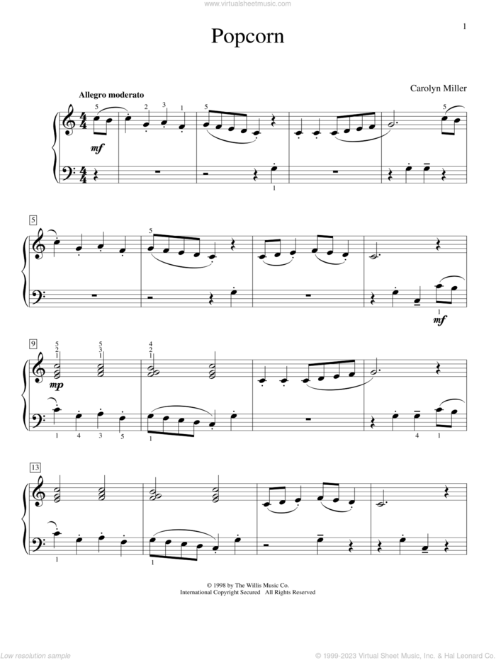 Popcorn sheet music for piano solo (elementary) by Carolyn Miller, beginner piano (elementary)