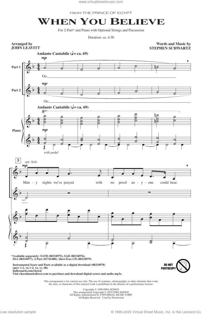 When You Believe (from The Prince Of Egypt) (arr. John Leavitt) sheet music for choir (2-Part) by Stephen Schwartz and John Leavitt, intermediate duet