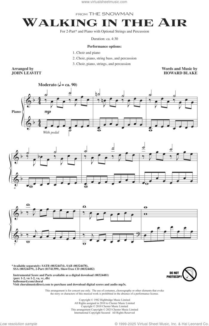 Walking In The Air (arr. John Leavitt) sheet music for choir (2-Part) by Howard Blake and John Leavitt, classical score, intermediate duet