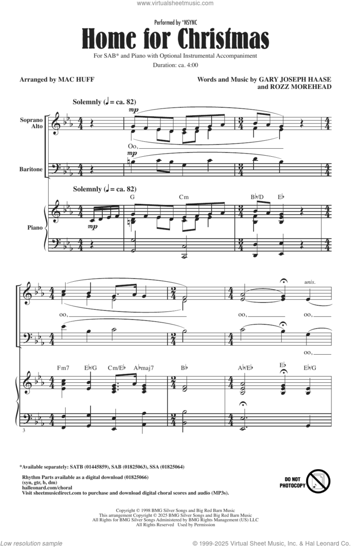 Home For Christmas (arr. Mac Huff) sheet music for choir (SAB: soprano, alto, bass) by 'N Sync, Mac Huff, Gary Joseph Haase and Rozz Moorehead, intermediate skill level