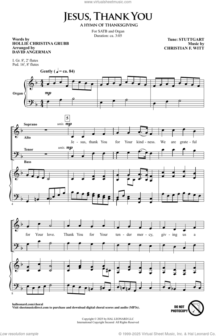 Jesus, Thank You (A Hymn Of Thanksgiving) (arr. David Angerman) sheet music for choir (SATB: soprano, alto, tenor, bass) by Hollie Christina Grubb, David Angerman and Christian F. Witt, intermediate skill level