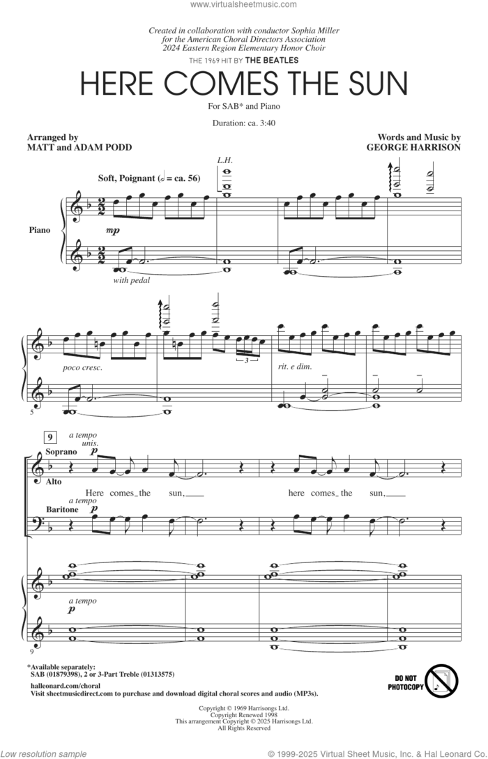 Here Comes The Sun (arr. Matt and Adam Podd) sheet music for choir (SAB: soprano, alto, bass) by The Beatles, Adam Podd, Matt Podd and George Harrison, intermediate skill level
