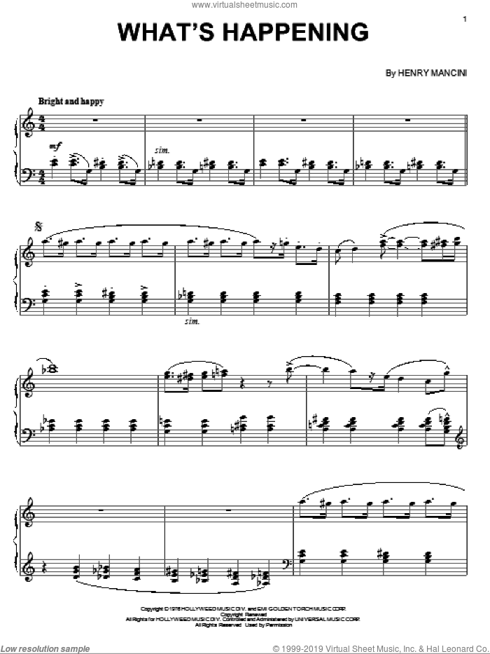 What's Happening sheet music for piano solo by Henry Mancini, intermediate skill level