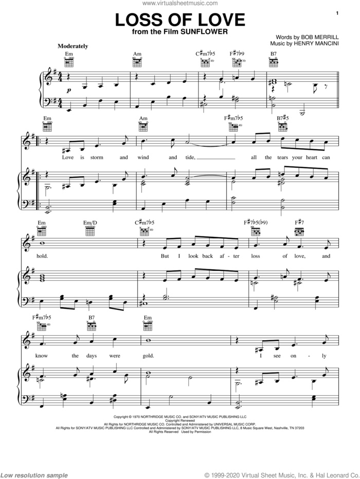 Loss Of Love sheet music for voice, piano or guitar by Henry Mancini and Bob Merrill, intermediate skill level