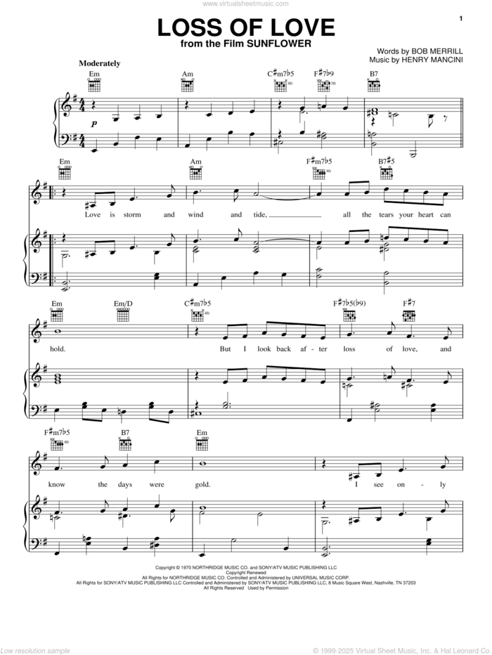 Loss Of Love sheet music for voice, piano or guitar by Henry Mancini and Bob Merrill, intermediate skill level