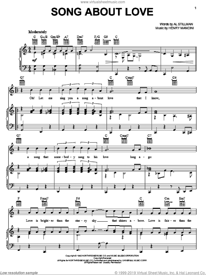Song About Love sheet music for voice, piano or guitar by Henry Mancini and Al Stillman, intermediate skill level
