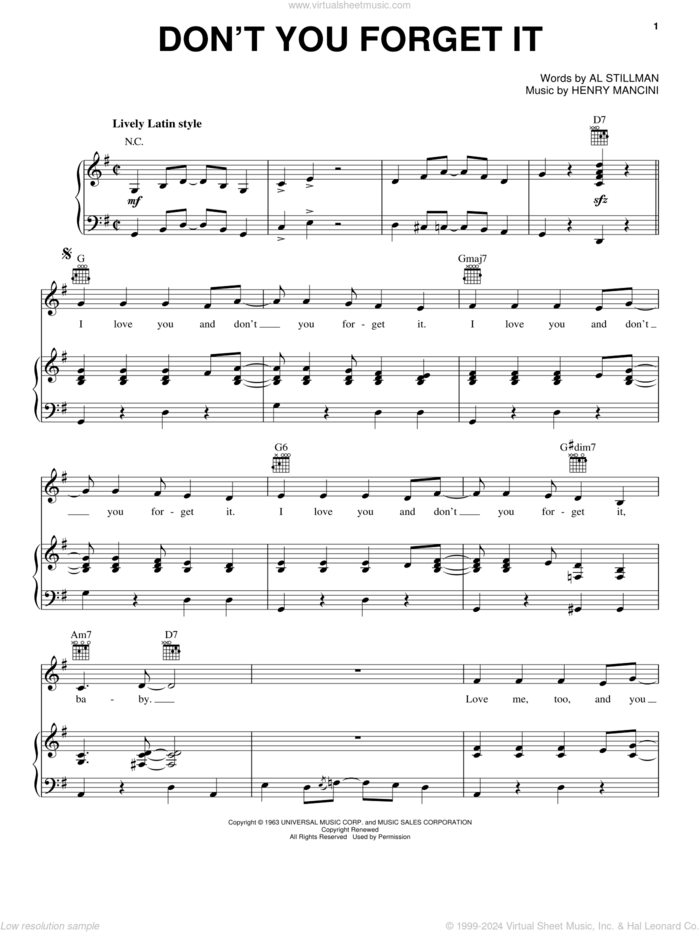 Don't You Forget It sheet music for voice, piano or guitar by Henry Mancini and Al Stillman, intermediate skill level