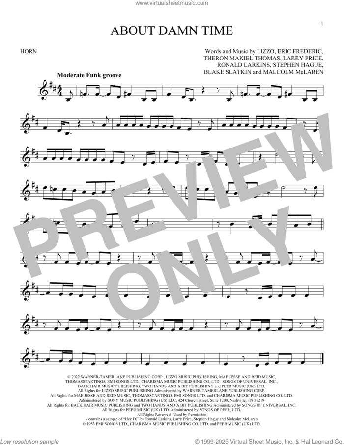 About Damn Time sheet music for horn solo by Lizzo, Blake Slatkin, Eric Frederic, Larry Price, Malcom McLaren, Ronald Larkins, Stephen Hague and Theron Makiel Thomas, intermediate skill level