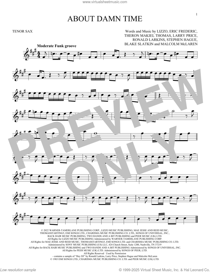 About Damn Time sheet music for tenor saxophone solo by Lizzo, Blake Slatkin, Eric Frederic, Larry Price, Malcom McLaren, Ronald Larkins, Stephen Hague and Theron Makiel Thomas, intermediate skill level
