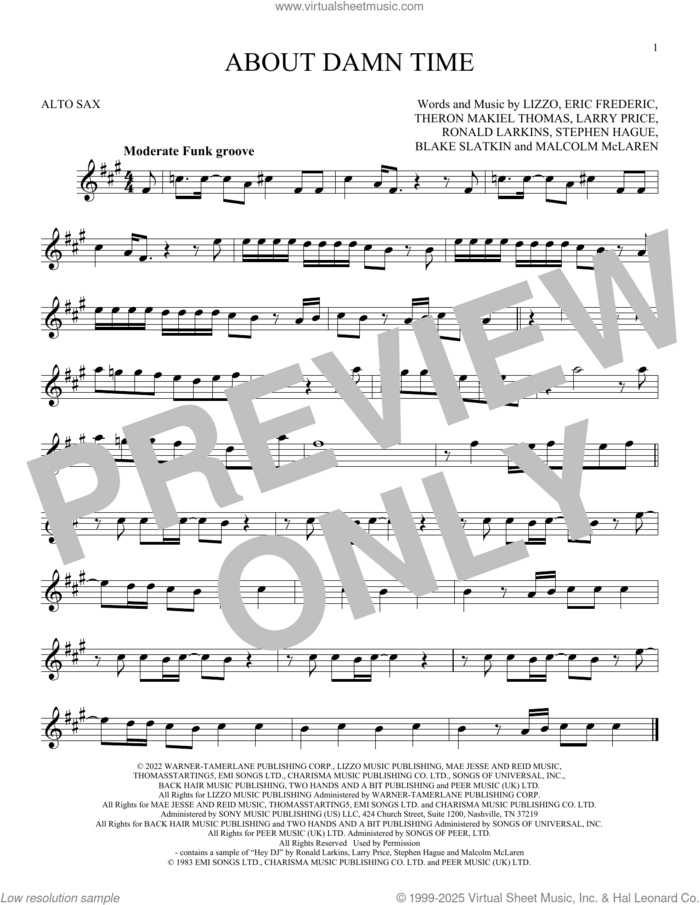 About Damn Time sheet music for alto saxophone solo by Lizzo, Blake Slatkin, Eric Frederic, Larry Price, Malcom McLaren, Ronald Larkins, Stephen Hague and Theron Makiel Thomas, intermediate skill level