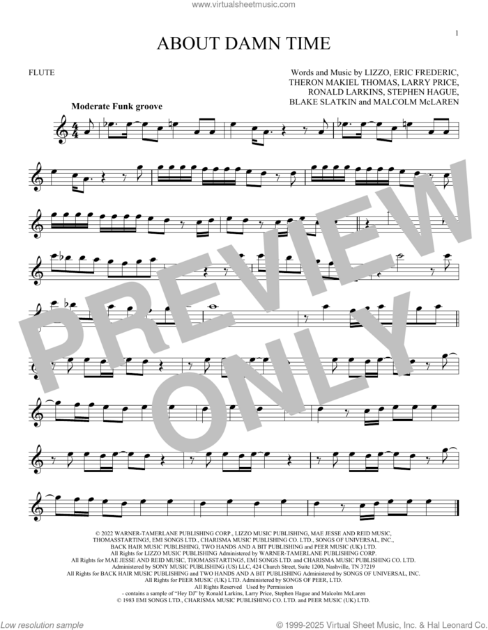 About Damn Time sheet music for flute solo by Lizzo, Blake Slatkin, Eric Frederic, Larry Price, Malcom McLaren, Ronald Larkins, Stephen Hague and Theron Makiel Thomas, intermediate skill level