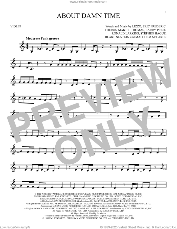 About Damn Time sheet music for violin solo by Lizzo, Blake Slatkin, Eric Frederic, Larry Price, Malcom McLaren, Ronald Larkins, Stephen Hague and Theron Makiel Thomas, intermediate skill level