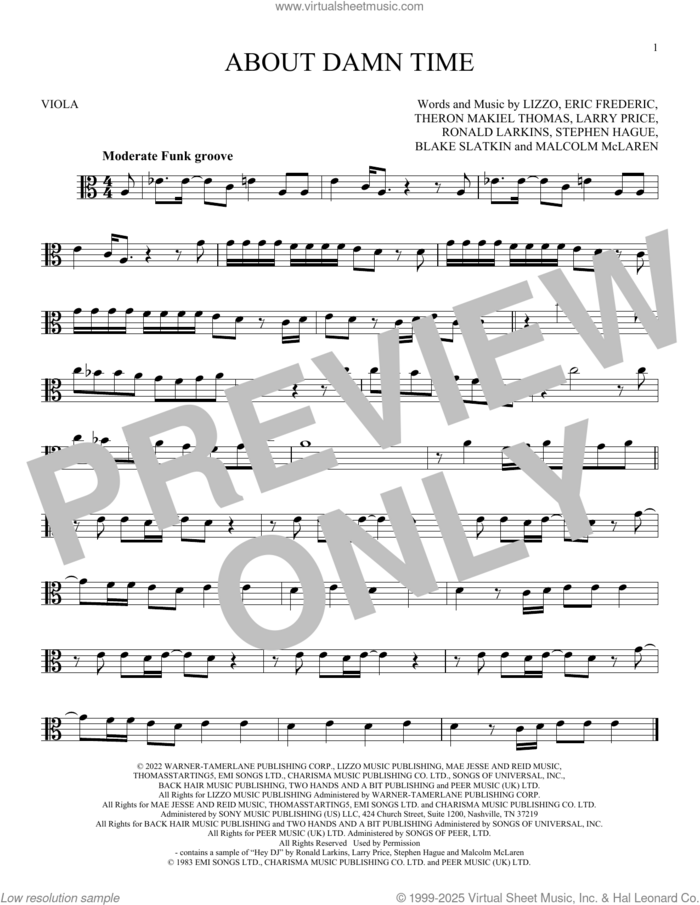 About Damn Time sheet music for viola solo by Lizzo, Blake Slatkin, Eric Frederic, Larry Price, Malcom McLaren, Ronald Larkins, Stephen Hague and Theron Makiel Thomas, intermediate skill level