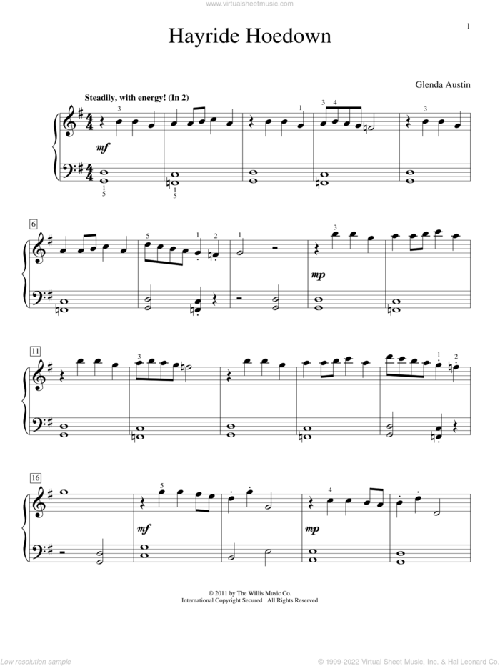 Hayride Hoedown sheet music for piano solo (elementary) by Glenda Austin, beginner piano (elementary)