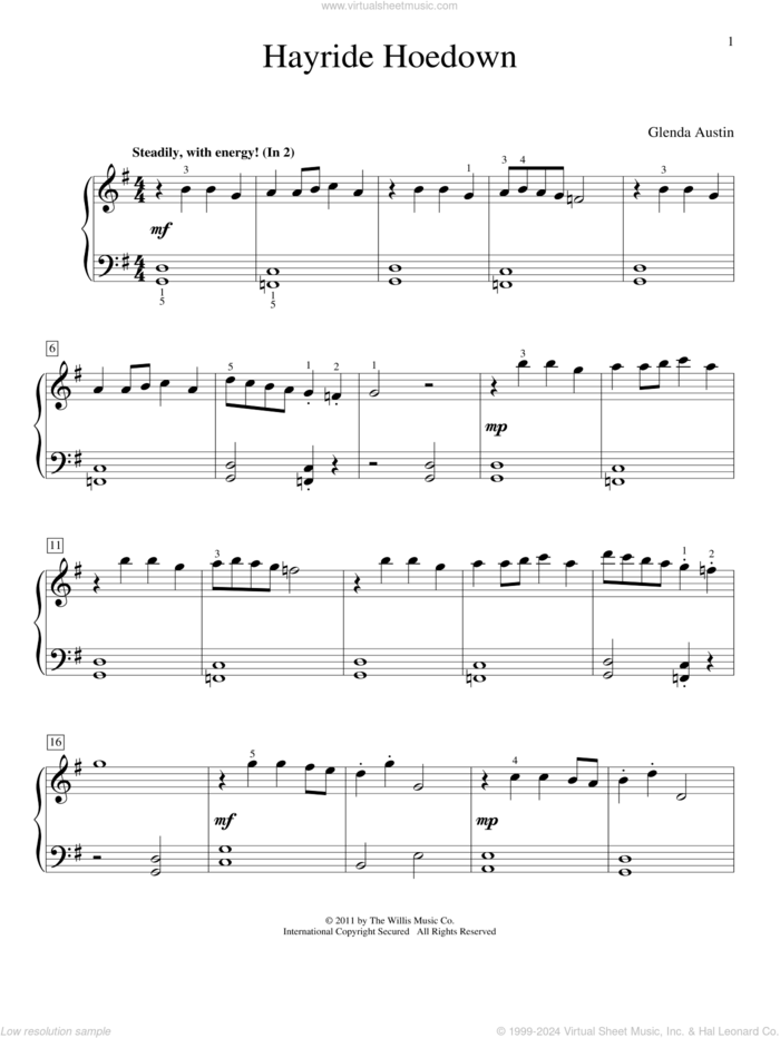 Hayride Hoedown sheet music for piano solo (elementary) by Glenda Austin, beginner piano (elementary)