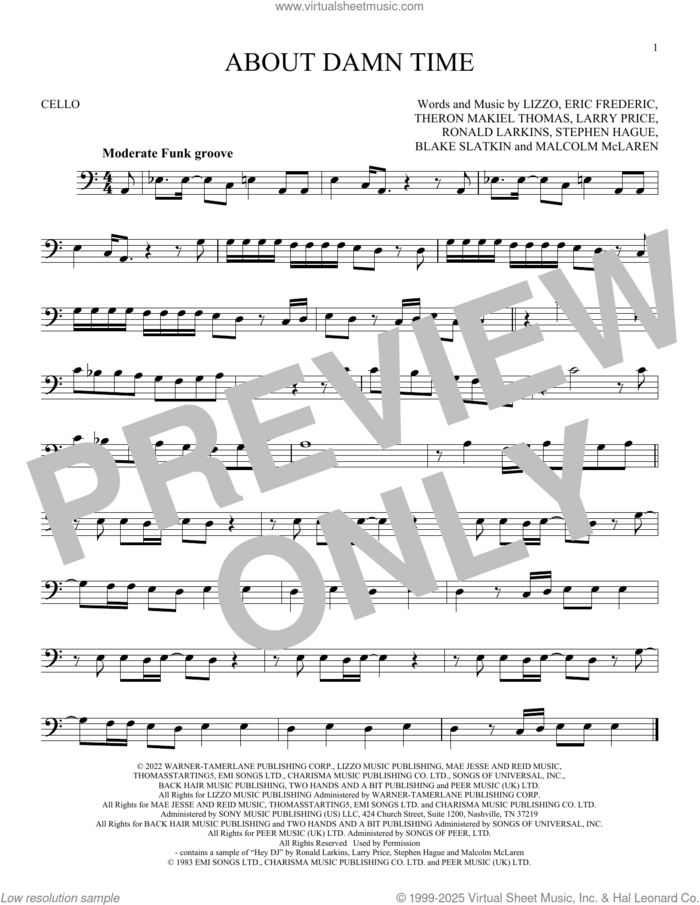 About Damn Time sheet music for cello solo by Lizzo, Blake Slatkin, Eric Frederic, Larry Price, Malcom McLaren, Ronald Larkins, Stephen Hague and Theron Makiel Thomas, intermediate skill level