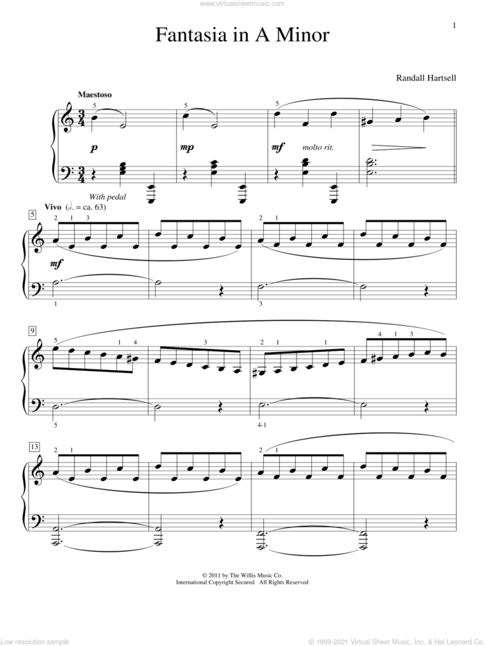Fantasia In A Minor sheet music for piano solo (elementary) by Randall Hartsell, classical score, beginner piano (elementary)