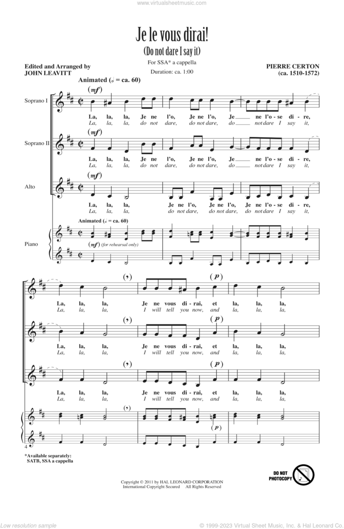 Je Le Vous Dirai sheet music for choir (SSA: soprano, alto) by Pierre Certon and John Leavitt, intermediate skill level