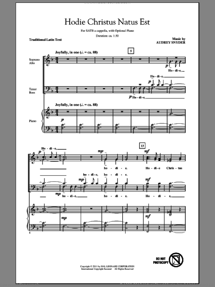 Hodie Christus Natus Est sheet music for choir (SATB: soprano, alto, tenor, bass) by Audrey Snyder, intermediate skill level