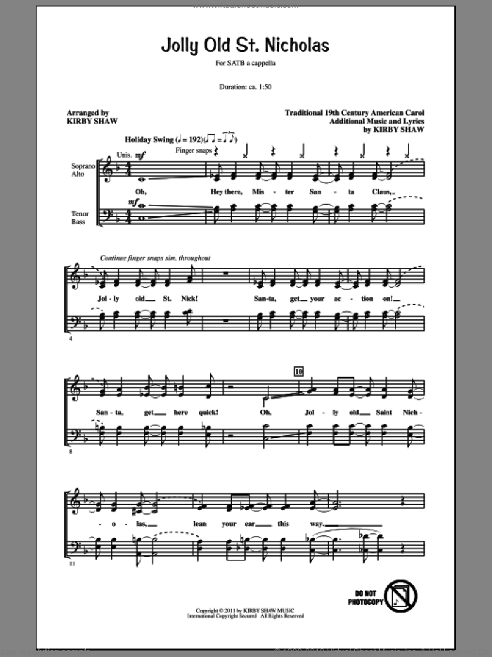 Jolly Old St. Nicholas sheet music for choir (SATB: soprano, alto, tenor, bass) by Kirby Shaw, intermediate skill level