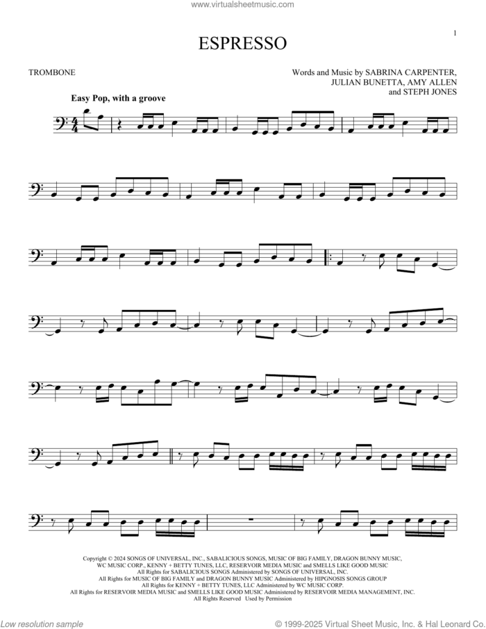 Espresso sheet music for trombone solo by Sabrina Carpenter, Amy Allen, Julian Bunetta and Stephenie Jones, intermediate skill level