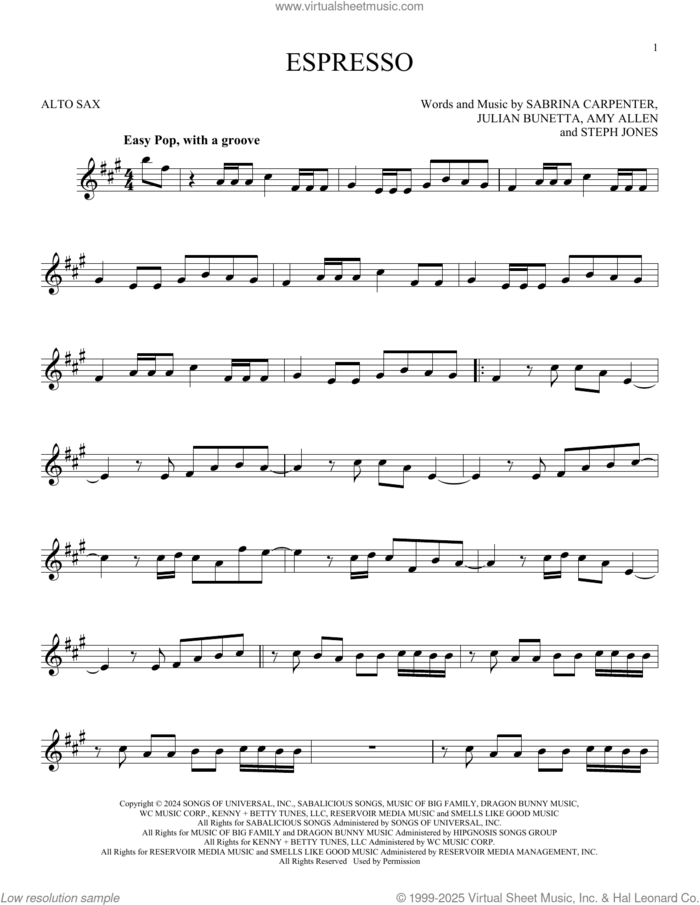 Espresso sheet music for alto saxophone solo by Sabrina Carpenter, Amy Allen, Julian Bunetta and Stephenie Jones, intermediate skill level