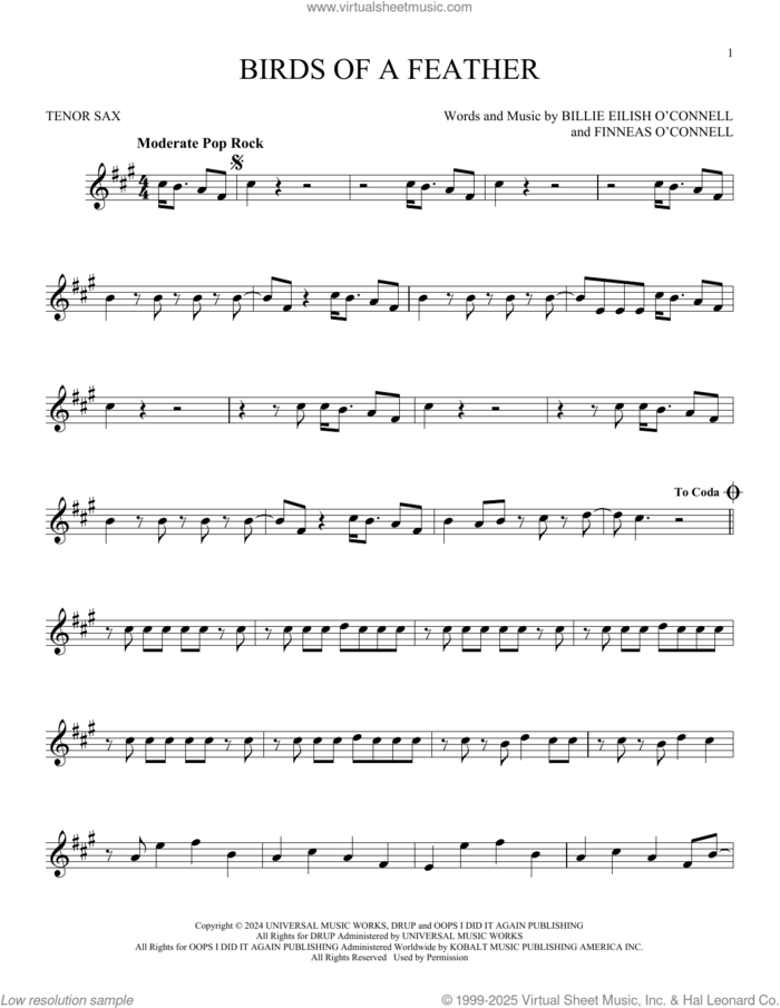 Birds Of A Feather sheet music for tenor saxophone solo by Billie Eilish, intermediate skill level