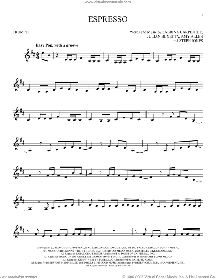 Espresso sheet music for trumpet solo by Sabrina Carpenter, Amy Allen, Julian Bunetta and Stephenie Jones, intermediate skill level