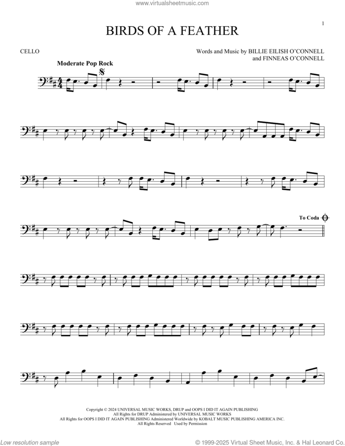 Birds Of A Feather sheet music for cello solo by Billie Eilish, intermediate skill level
