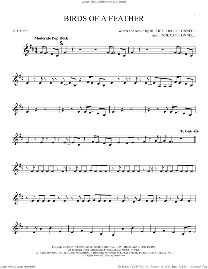 Birds Of A Feather sheet music for trumpet solo by Billie Eilish, intermediate skill level