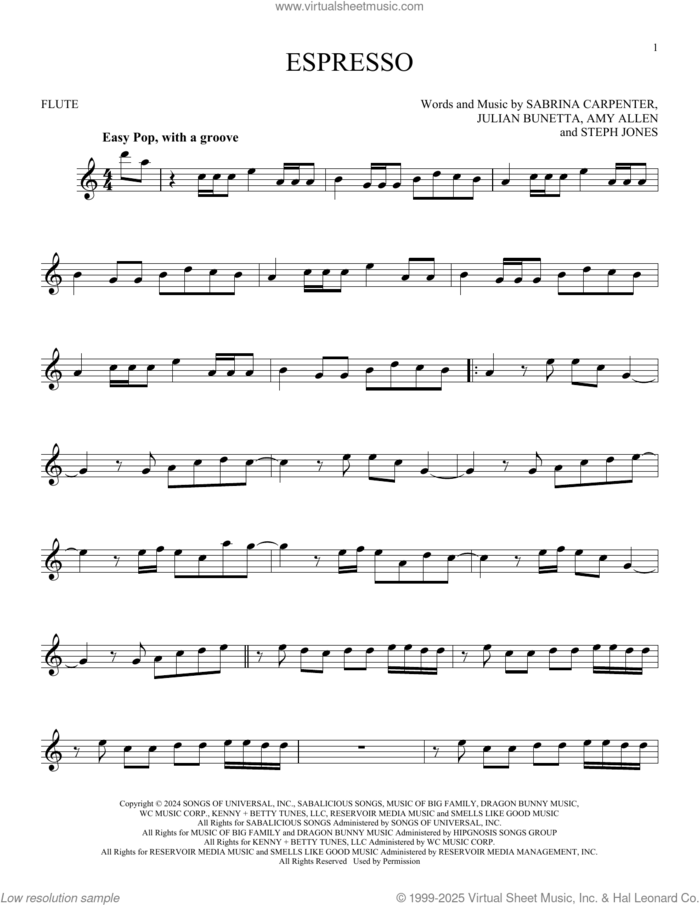 Espresso sheet music for flute solo by Sabrina Carpenter, Amy Allen, Julian Bunetta and Stephenie Jones, intermediate skill level