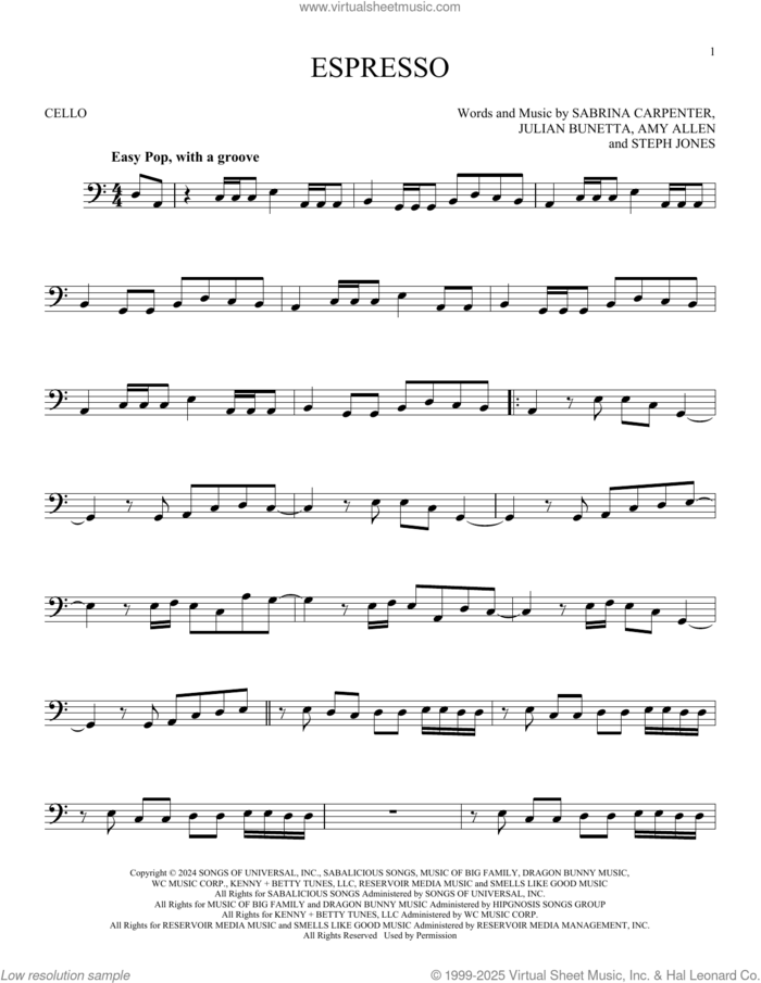 Espresso sheet music for cello solo by Sabrina Carpenter, Amy Allen, Julian Bunetta and Stephenie Jones, intermediate skill level