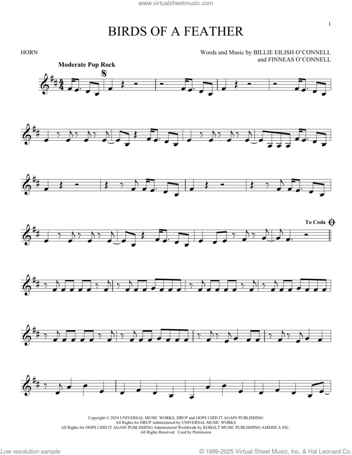 Birds Of A Feather sheet music for horn solo by Billie Eilish, intermediate skill level