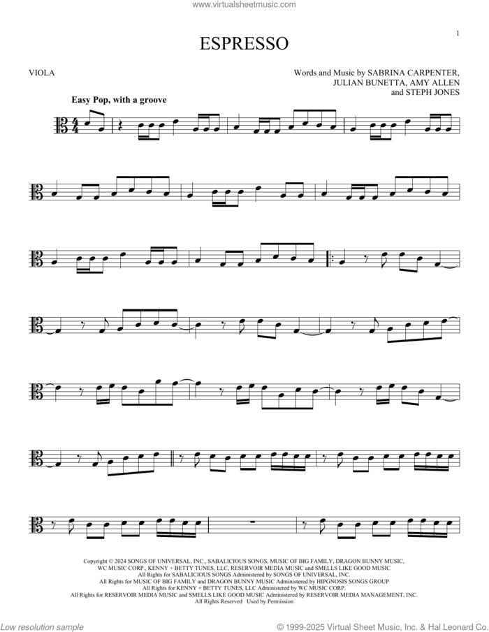 Espresso sheet music for viola solo by Sabrina Carpenter, Amy Allen, Julian Bunetta and Stephenie Jones, intermediate skill level