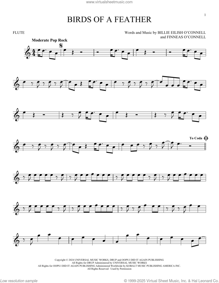 Birds Of A Feather sheet music for flute solo by Billie Eilish, intermediate skill level