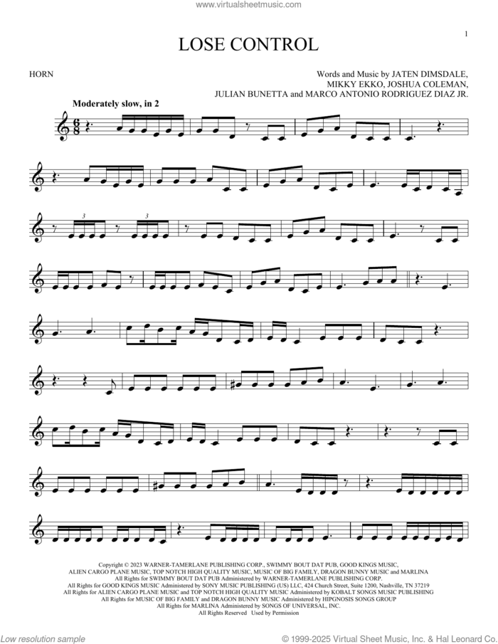 Lose Control sheet music for horn solo by Teddy Swims, Jaten Dimsdale (Teddy Swims), Joshua Coleman, Julian Bunetta, Marco Antonio Rodriguez Diaz and Mikky Ekko, intermediate skill level