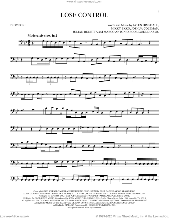 Lose Control sheet music for trombone solo by Teddy Swims, Jaten Dimsdale (Teddy Swims), Joshua Coleman, Julian Bunetta, Marco Antonio Rodriguez Diaz and Mikky Ekko, intermediate skill level