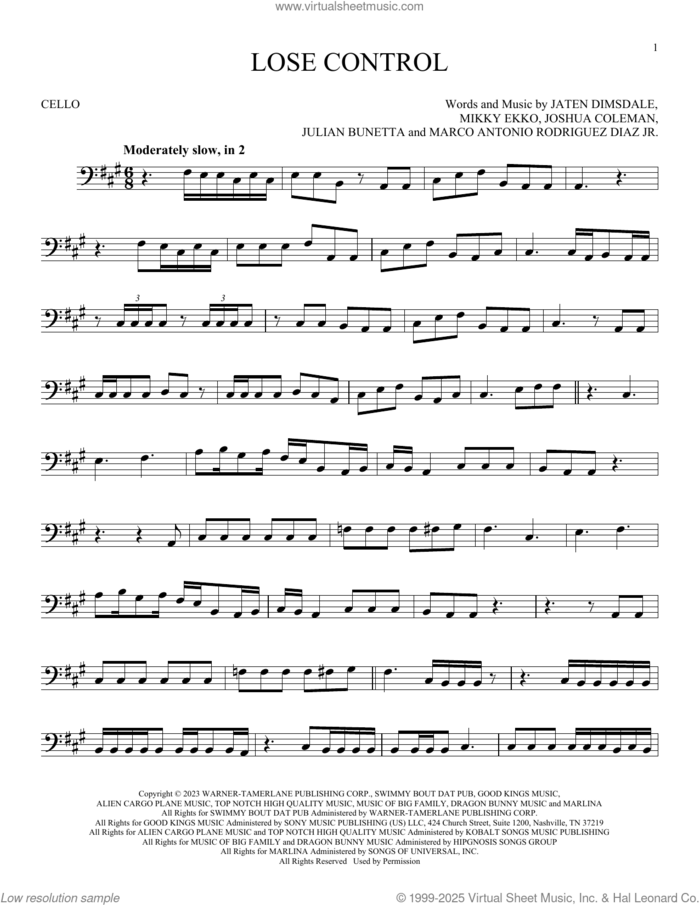 Lose Control sheet music for cello solo by Teddy Swims, Jaten Dimsdale (Teddy Swims), Joshua Coleman, Julian Bunetta, Marco Antonio Rodriguez Diaz and Mikky Ekko, intermediate skill level