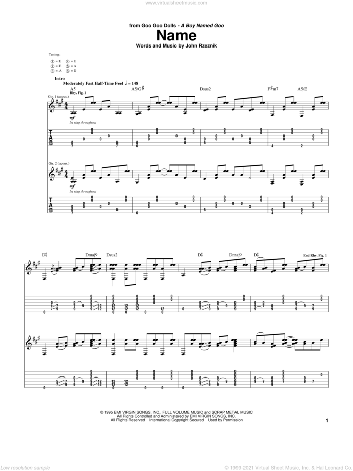 Name sheet music for guitar (tablature) by Goo Goo Dolls and John Rzeznik, intermediate skill level