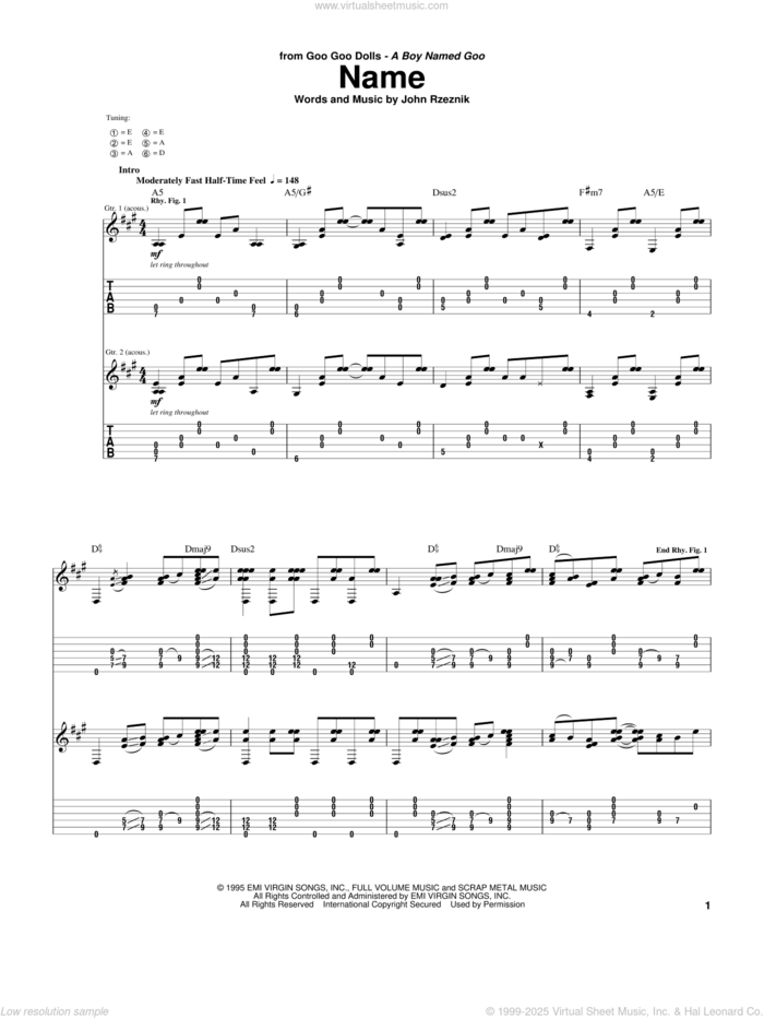 Name sheet music for guitar (tablature) by Goo Goo Dolls and John Rzeznik, intermediate skill level