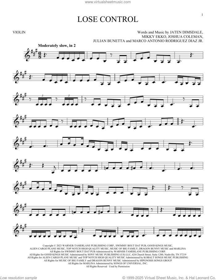 Lose Control sheet music for violin solo by Teddy Swims, Jaten Dimsdale (Teddy Swims), Joshua Coleman, Julian Bunetta, Marco Antonio Rodriguez Diaz and Mikky Ekko, intermediate skill level