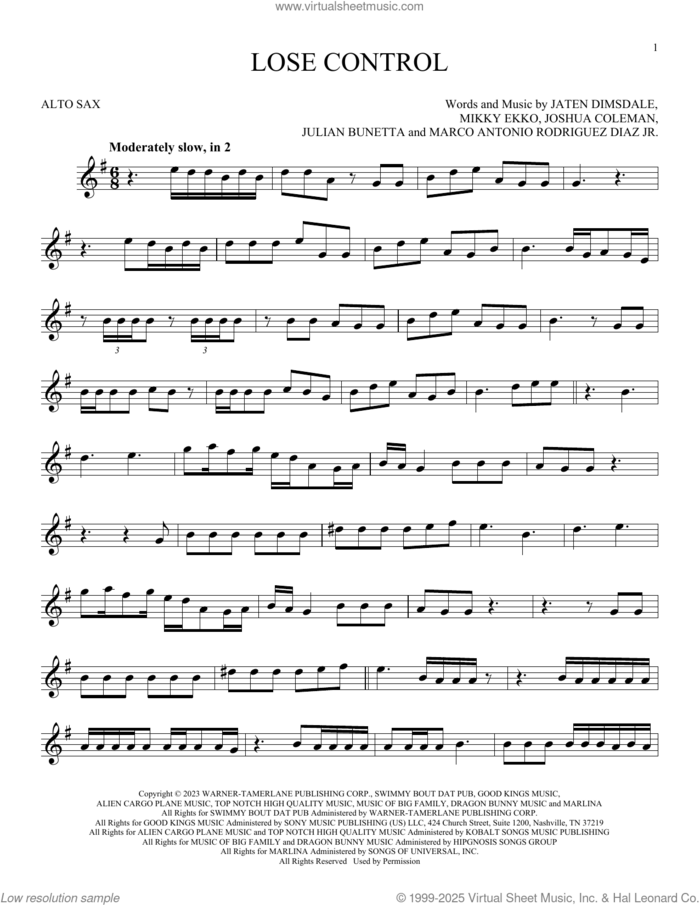 Lose Control sheet music for alto saxophone solo by Teddy Swims, Jaten Dimsdale (Teddy Swims), Joshua Coleman, Julian Bunetta, Marco Antonio Rodriguez Diaz and Mikky Ekko, intermediate skill level