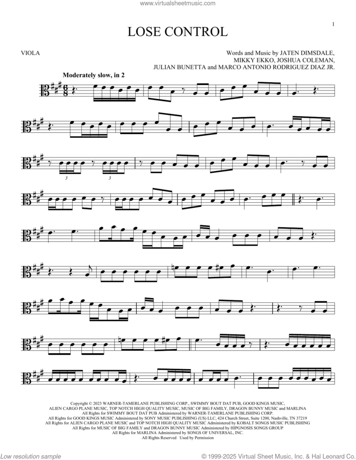 Lose Control sheet music for viola solo by Teddy Swims, Jaten Dimsdale (Teddy Swims), Joshua Coleman, Julian Bunetta, Marco Antonio Rodriguez Diaz and Mikky Ekko, intermediate skill level