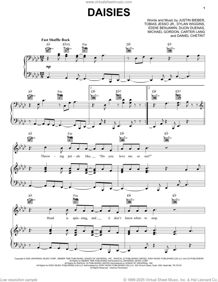Daisies sheet music for voice, piano or guitar by Justin Bieber, Carter Lang, Daniel Chetrit, Dijon Duenas, Dylan Wiggins, Eddie Benjamin, Michael Gordon and Tobias Jesso Jr., intermediate skill level