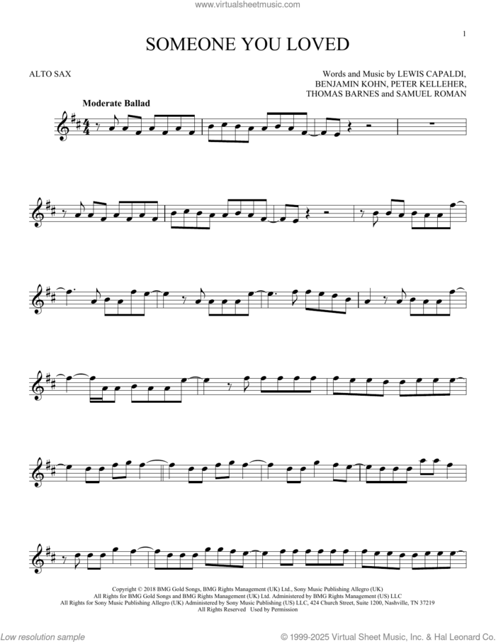 Someone You Loved sheet music for alto saxophone solo by Lewis Capaldi, Benjamin Kohn, Peter Kelleher, Samuel Roman and Thomas Barnes, intermediate skill level