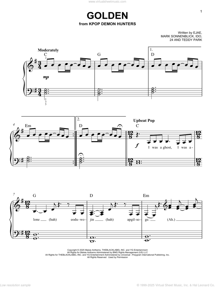 Golden (from KPop Demon Hunters), (easy) sheet music for piano solo by Huntr/x (Ejae, Audrey Nuna and Rei Ami), 24, Ido, Kim Eun-jae (aka EJAE), Mark Sonnenblick and Park Hong-Jun (Aka Teddy Park), easy skill level